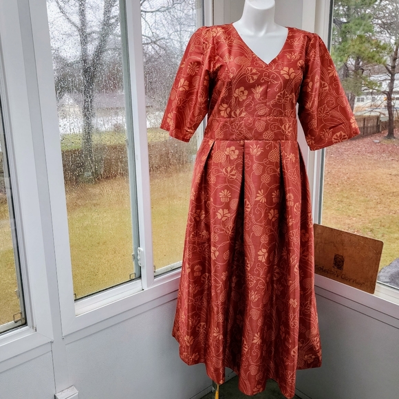 Eshakti Burnt Orange Floral Print Banded High Waist Pleated Taffeta Midi Skirt - Picture 17 of 17